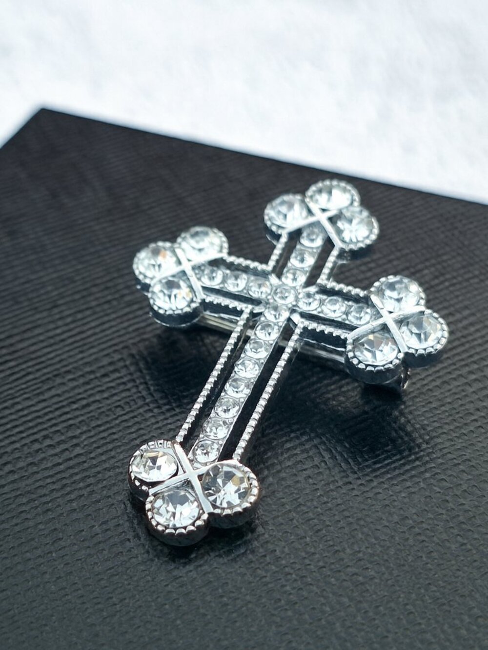 Vintage Style Byzantine Silver Rhinestones Cross Brooch Pin Religious Jewelry
